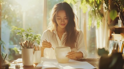 Crafting a beautiful pottery piece in a sunlit studio filled with plants during the morning hours