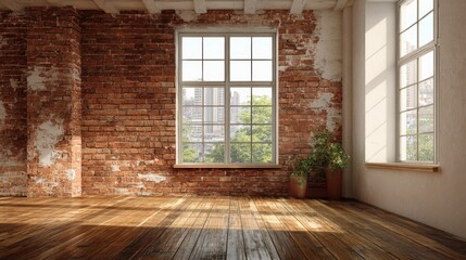 High-quality photo of large room with a brick wall and a window, Wooden floor and brick wall in a modern interior.