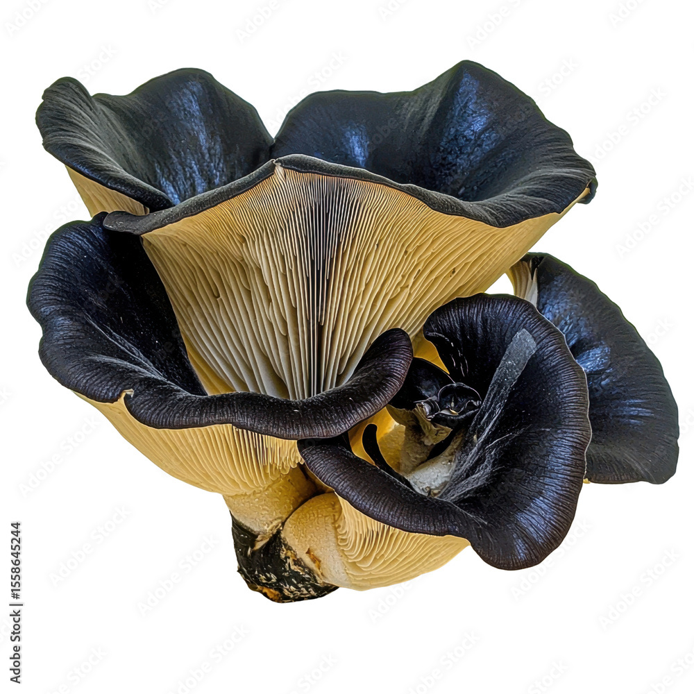 Poster unique close-up view of a black and beige mushroom showcasing intricate gills and stunning natural t