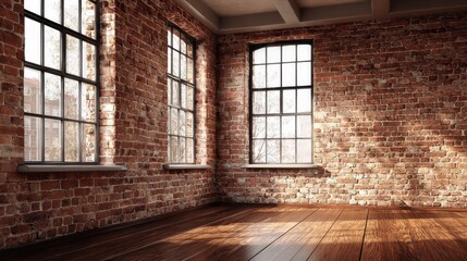 High-quality photo of large room with a brick wall and a window, Wooden floor and brick wall in a modern interior.