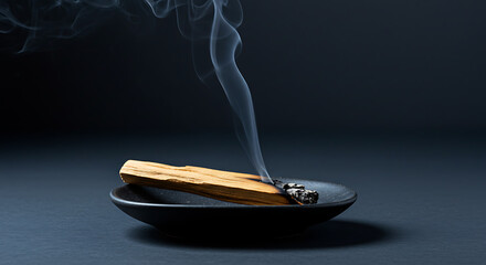 Burning Palo Santo Wood Stick with Smoke on Black Ceramic Holder.