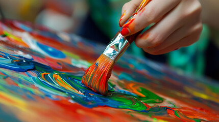 Fototapeta premium Artist's hand spreads vibrant paint with a brush on a canvas. Creates colorful abstract art, inspiring creativity and expression.