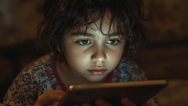 Curious child. Curious child with dark hair using tablet at night indo