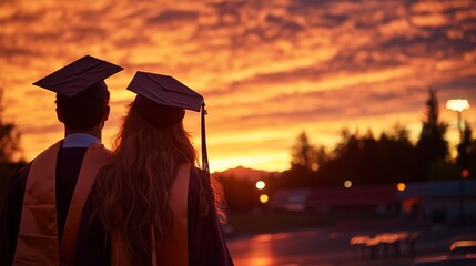 Graduates celebrating their achievements at sunset in a serene outdoor setting