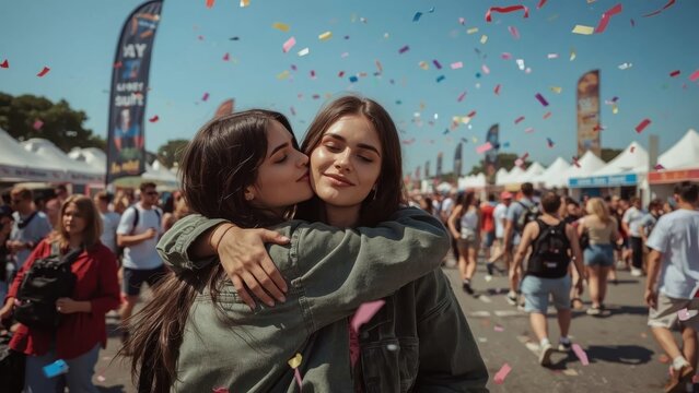 Two friends. Two young women hugging cheerful festival crowd sunny day