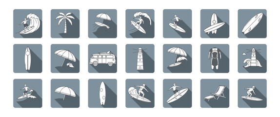 Stylized Surfing and Beach Vacation Icon Set with Long Shadows – Vector Graphics Featuring Surfers, Boards, Umbrellas, Palm Trees, Vans, and Lighthouses

