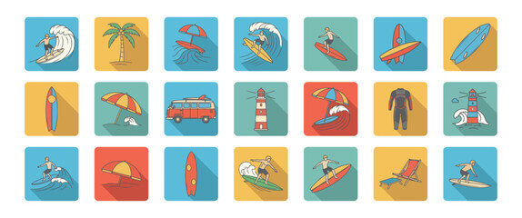 Colorful Surfing and Beach Vacation Icon Set Featuring Surfers, Boards, Umbrellas, Palm Trees, Vans, and Lighthouses in Flat Style