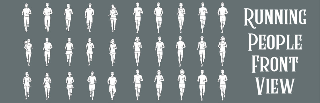 Minimal Style Vector Illustration of Running People Front View for Architectural Drawings and Urban Planning Design