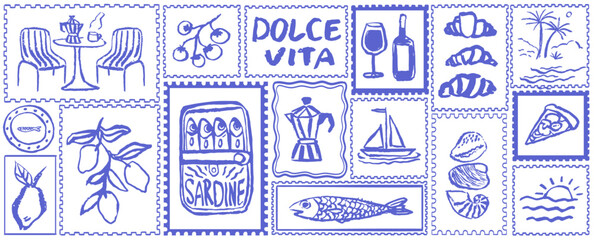 Plakat Italian style vacation hand drawn vector illustrations in grunge chalk or charcoal rough doodle sketch style. Summer vacation post stamps in frames for poster, placard or menus. Italy holiday postcard