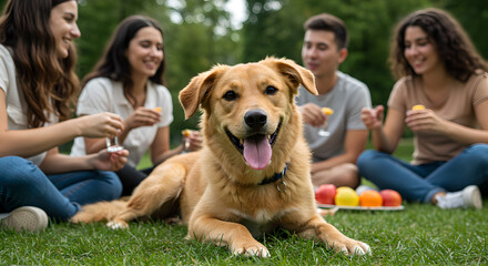 Close up of happy Labrador dog lying on grass, with group of friends having picnic in park on sunny day. Gathering people on nature with food in weekend. Selective focus