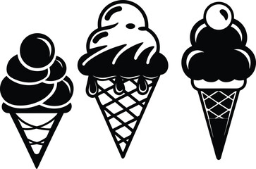 ice cream icon set, cone silhouette graphic, dessert vector design