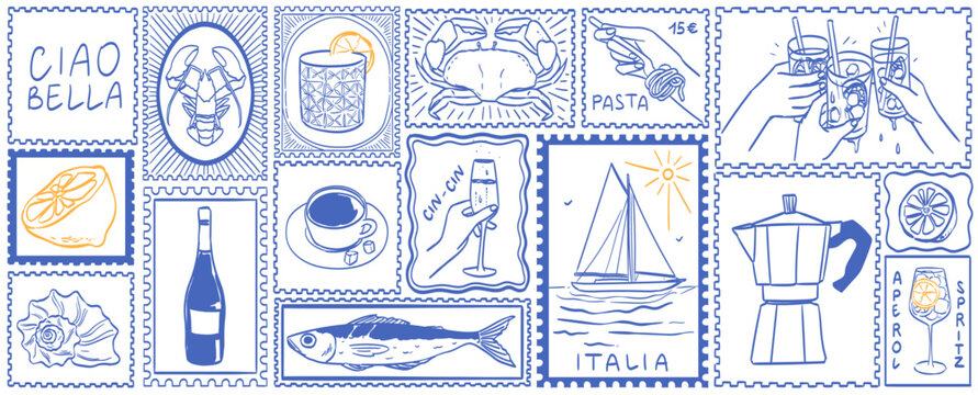 Italian style vacation hand drawn post stamps in doodle sketch style. Summer Italy holidays elements for poster, placard or postcard prints. Italian Amalfi Sicily beach vector illustration patterns.