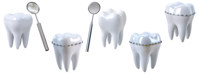 Human teeth with orthodontic braces and dental mirrors