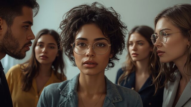 Diverse group. Young adults. Casual outfits. Serious expressions. Indoor portrait. Ethnic diversity. Glasses worn. Curly hair. Thoughtful mood. Team discussion. Modern workplace. Collaboration concep