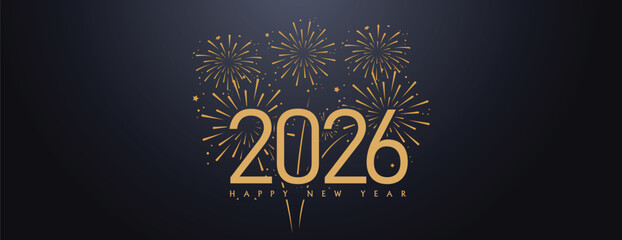 Happy New Year 2026 gold text effect firework star confetti Background