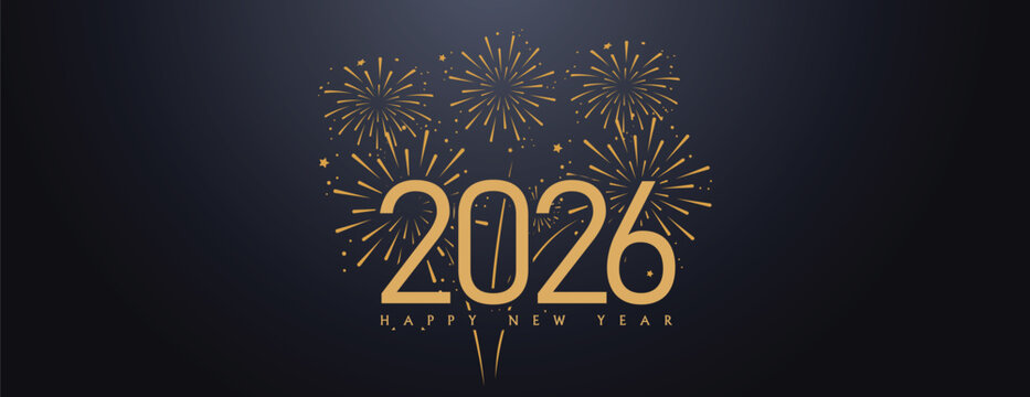 Happy New Year 2026 gold text effect firework star confetti Background