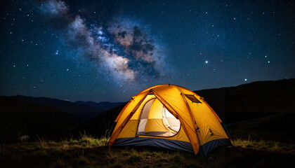 Yellow camping tent under starry night sky and Milky Way  