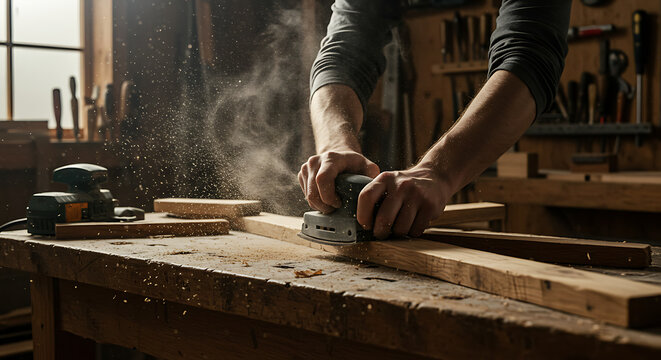 Carpenter Using Sander on Wooden Plank in Workshop.