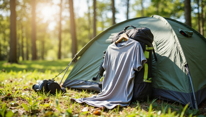 Camping gear arranged outside tent in sunny forest setting  