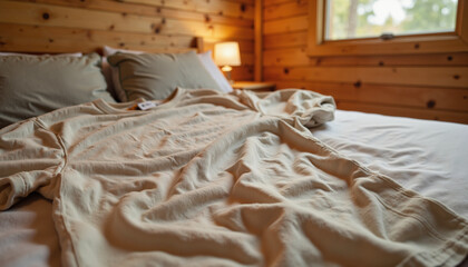 Casual beige shirt laid out on bed in cozy wooden room  