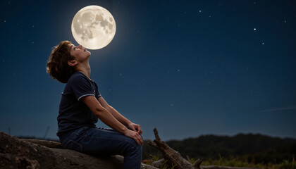 Young boy gazing at the full moon while sitting outdoors at night  