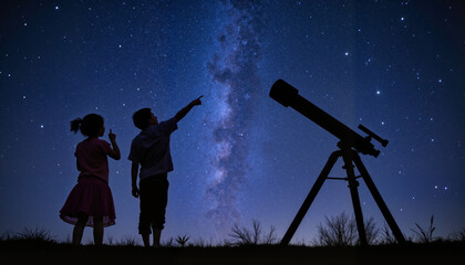 Children stargazing with telescope under night sky full of stars  