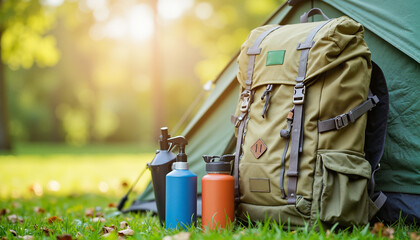 Backpack and water bottles beside tent on grass in sunlight  