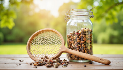 Collection of seeds in glass jar with wooden sieve outdoors  