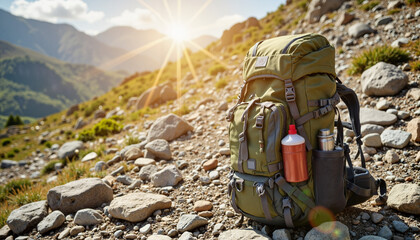 Hiking backpack with water bottle on rocky mountain terrain  