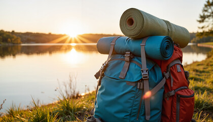 Hiking backpacks with sleeping mats by the lake at sunrise  