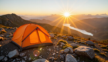 Orange camping tent on rocky ground at sunrise in the mountains  