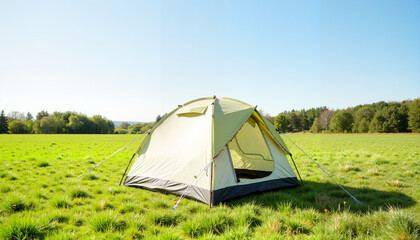 Tent set up on grassy field under clear blue sky  