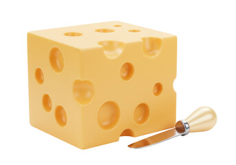 Isolated Block of Swiss Cheese with Cheese Knife