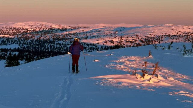 Telemark cross country ski downhill Alpine skier skiing top of Hafjell Alpine resort &Oslash;yer mountain Norway Norge arctic sunset golden hour Lillehammer frigid Norwegian frozen cold winter landscape