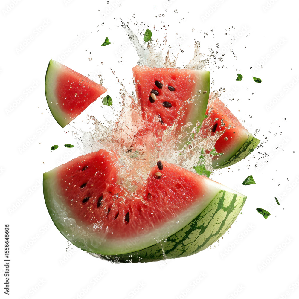 Poster fresh watermelon slice exploding with water splash and mint leaves in high-resolution photographytra