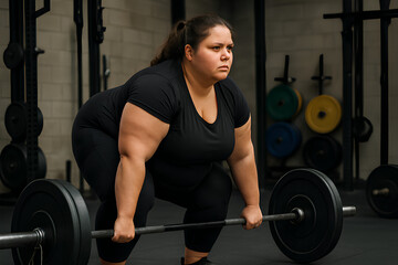 A plus-size woman lifting weights in the gym, focused and strong, embodying determination during her strength training session