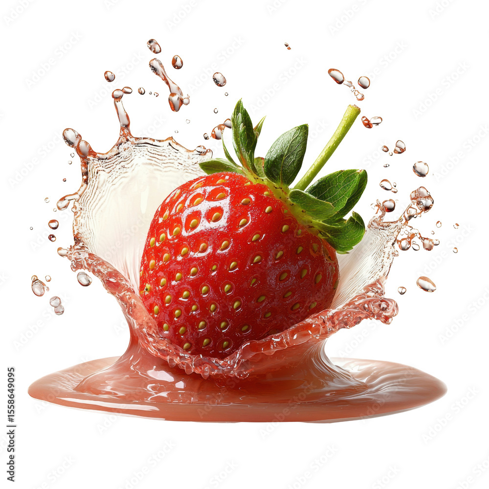 Poster fresh strawberry bursting through liquid splash, isolated against white background with vibrant colo