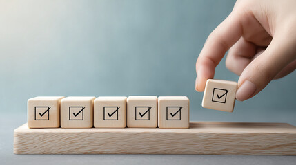 hand places a wooden block with a checkmark, completing a row of similar blocks.  It symbolizes task completion, goal achievement, or project success.  sense of accomplishment and progress.