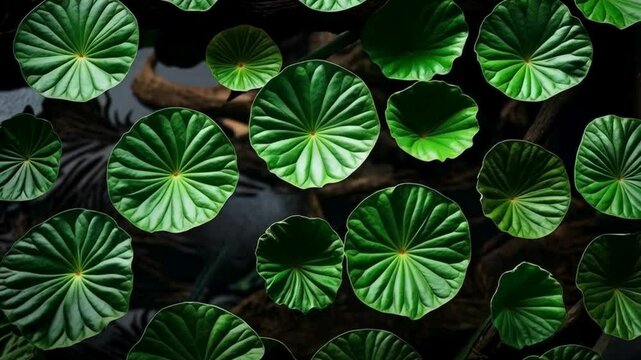 Close-Up of Fresh Gotu Kola Leaves in Dark Moody Lighting with Rich Green Tones and Natural Arrangement &ndash; Botanical Wellness in 4K


