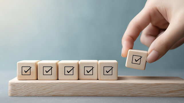 hand places a wooden block with a checkmark, completing a row of similar blocks.  It symbolizes task completion, goal achievement, or project success.  sense of accomplishment and progress.