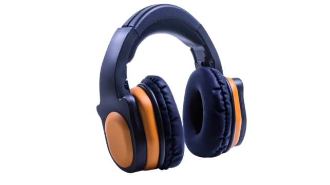 Noise-canceling earmuffs with padded headband, hearing protection gear, Transparent background, PNG file