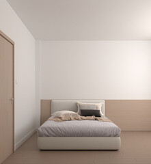 modern bedroom with minimal bed and wooden headbed on white wall pattern background. 3d render.