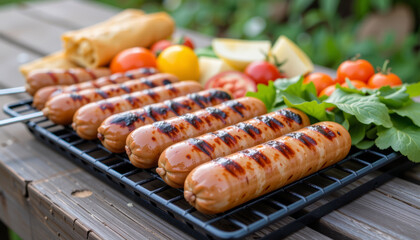 Grilled sausage on barbecue grill with fresh vegetables and herbs, outdoor picnic food with natural summer vibe and delicious look