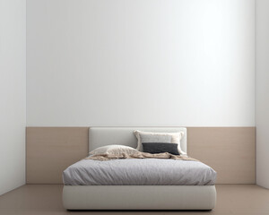 modern minimal bedroom with white bed and wooden headbed on white wall pattern background. 3d render.
