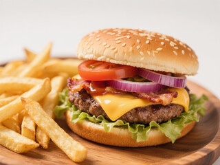 Close-up of Juicy Cheeseburger with Bacon & Fries