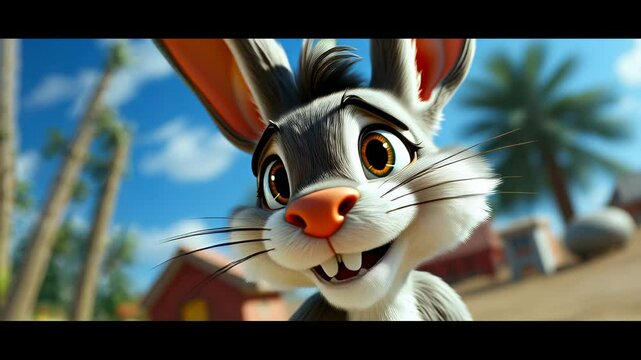 a rabbit is standing in front of some palm trees 