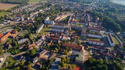 Aerial panoramic view around the old town of the city Woldegk on a sunny morning in summer in...