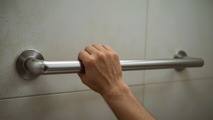Hand holding. Hand gripping stainless steel bathroom grab bar on tiled