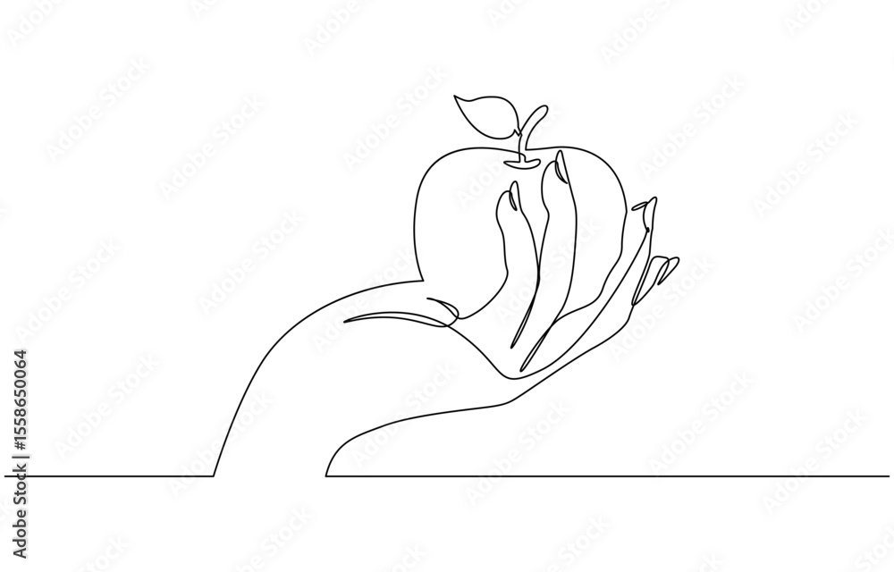 Poster continuous one line drawing of hand holding apple fruit. simple apple fruit on hand line art, one co
