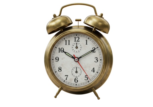 Isolated Vintage Golden Alarm Clock with Roman Numerals